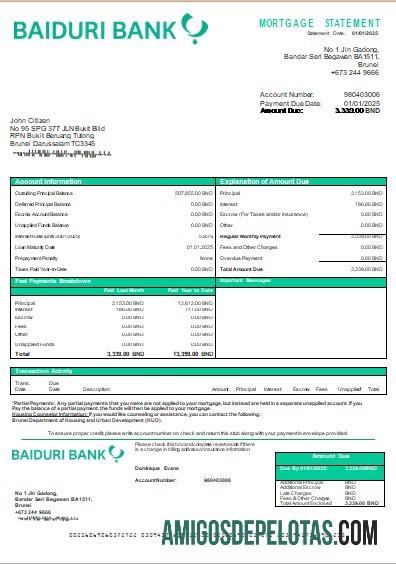 Declaração de hipoteca do Brunei Baiduri Bank Scr amostra